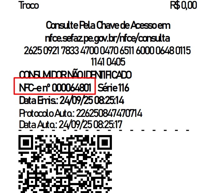 Cupom fiscal com o número da NFC-e destacado