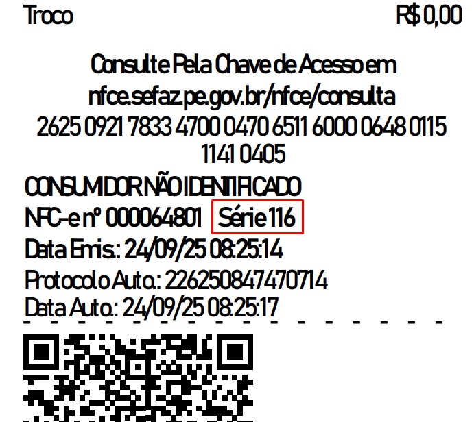Cupom fiscal com a série da NFC-e destacada